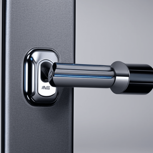 -up of a shiny, metallic, silver door handle with a fingerprint scanner and a series of locks on it