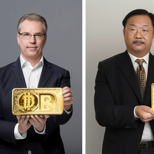 Two investors side-by-side: one holding a gold bar, the other holding a Bitcoin