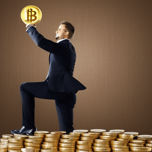 An image of a person in a business suit with a stack of gold coins in one hand and a laptop with a Bitcoin logo in the other