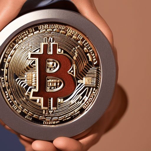 -up of a person's hands, wearing a bracelet with a bitcoin emblem, holding a globe with a "borderless"world