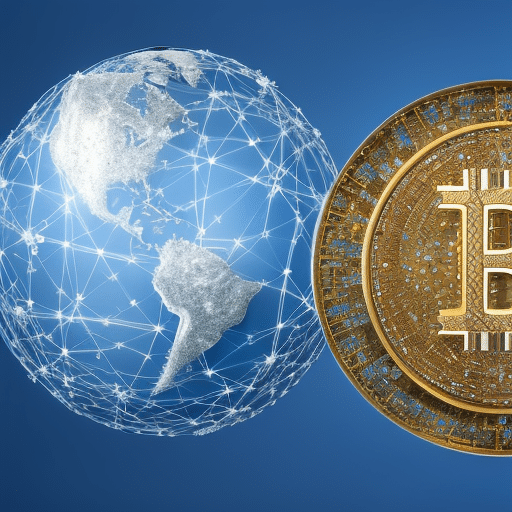 An image showcasing a globe with interconnected nodes representing different countries, with Bitcoin symbols flowing seamlessly between them, symbolizing cross-border financial inclusion