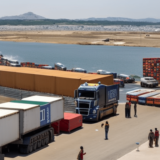 An image showing a bustling international border checkpoint with people of diverse backgrounds exchanging goods and using Bitcoin, while trucks loaded with products are lined up, waiting to be cleared for cross-border trade