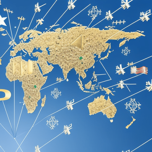 An image of a world map, with multiple arrows flowing between countries, symbolizing cross-border transactions, while Bitcoin symbols hover above, representing a secure and decentralized digital currency