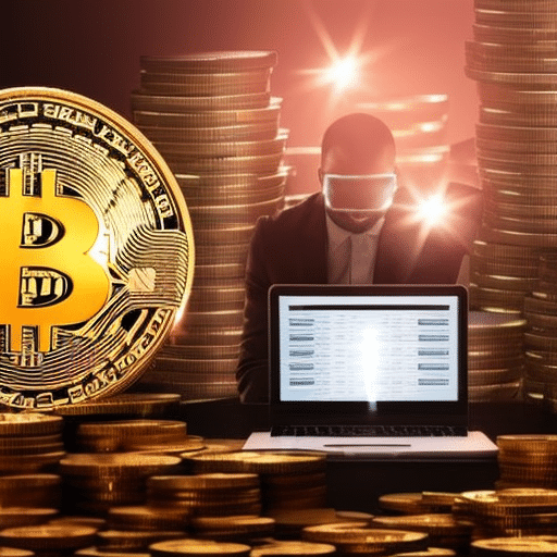 An image showcasing a person sitting at a sleek, futuristic desk, surrounded by stacks of bitcoins