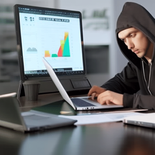 N in a hoodie, laptop open, studying a graph of crypto prices with a look of concentration