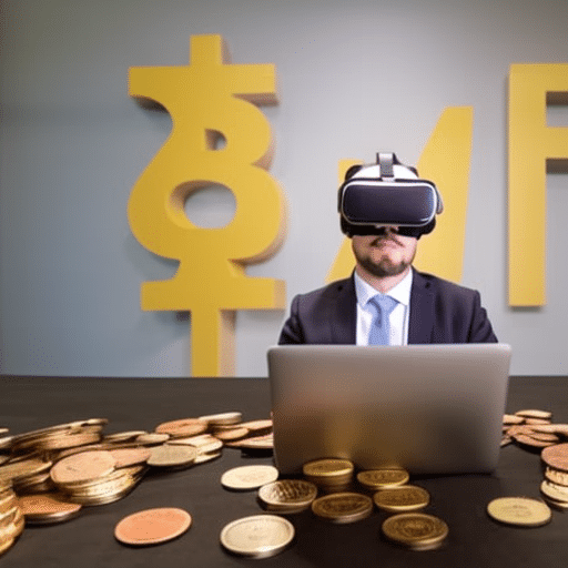 N wearing a VR headset, using a laptop with a market graph projected on the wall, with a stack of crypto coins on the desk