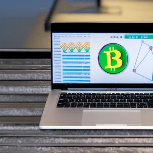 -up of a laptop screen showing a graph of a rising cryptocurrency with arrows pointing to a blockchain logo in the corner