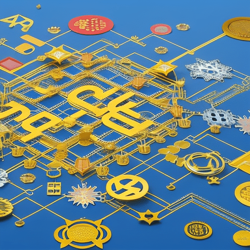 Stration of a colorful, interconnected web of financial products, with various pieces of gold, coins, and assets linking together