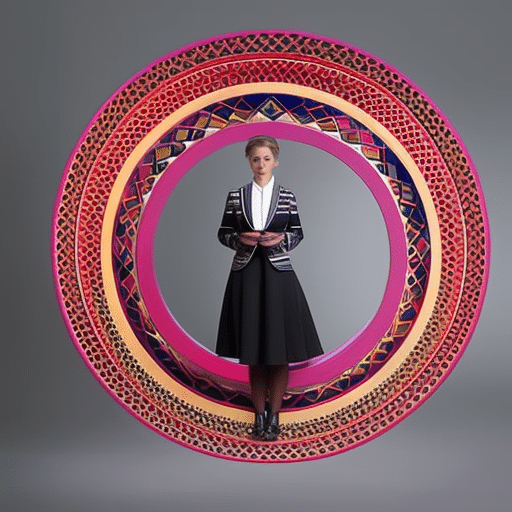 in a business suit surrounded by a ring of circular shapes of varying sizes, colors, and textures, each with a unique geometric pattern