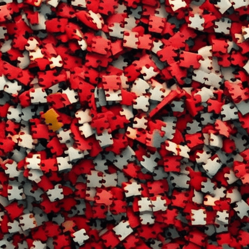 Y colored explosion of a jigsaw puzzle pieces, scattered and falling in disarray, with one piece in the middle pulsing red