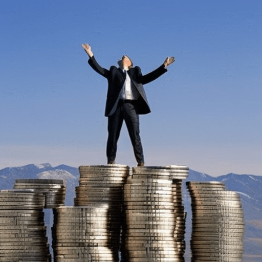 Ful, abstract image of a person standing on a mountain of coins with arms outstretched, reaching out to the sky