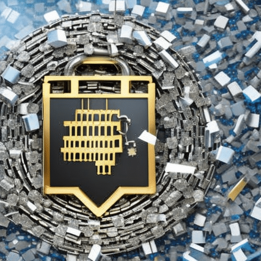 An image of a shattered padlock hanging from a pixelated chain, surrounded by fragmented pieces of personal data