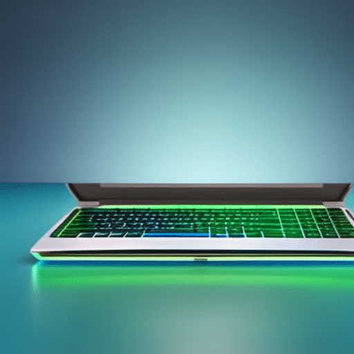 laptop with a blue background, featuring a rising graph of green and blue digital currency lines