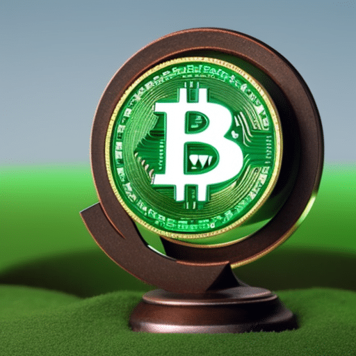 Ter with a green background, a globe in the foreground, and a stylized pickaxe with a bitcoin coin in the middle
