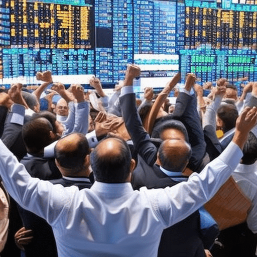 An image showcasing a crowded stock market floor, with traders frantically gesturing and screens flashing Bitcoin prices