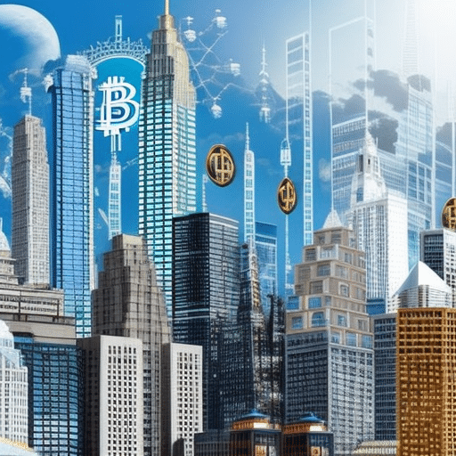 An image that showcases a bustling cityscape with towering skyscrapers adorned with Bitcoin logos, surrounded by people engaged in various economic activities like trading, mining, and investing, symbolizing the vast economic opportunities in the Bitcoin rush