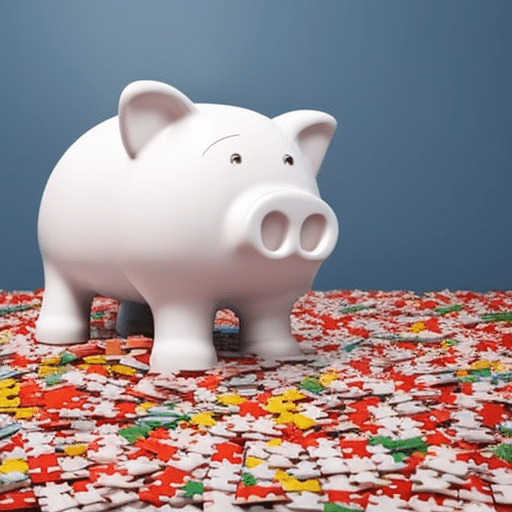An image showcasing a shattered piggy bank lying on a graph chart, surrounded by scattered puzzle pieces representing the economic risks linked to the Bitcoin rush