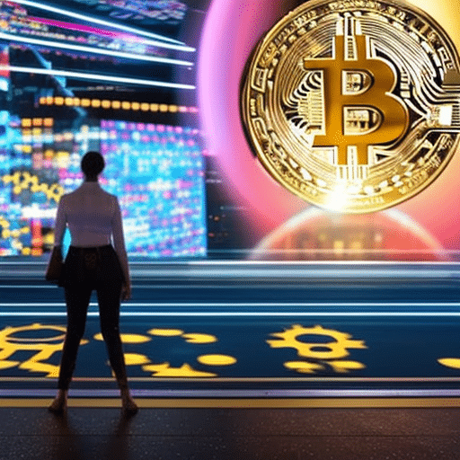 Zed 3D image of a person in a futuristic city street, looking up at a large digital billboard featuring a spinning golden bitcoin surrounded by a flurry of colorful crypto-currency symbols