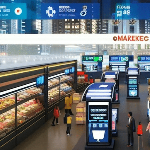 An image showcasing a bustling urban market scene, with people from diverse backgrounds exchanging goods and services using various cryptocurrencies