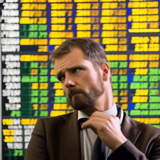 In trader looking up at a chart, with a hand on their chin, deep in thought and a range of emotions on their face