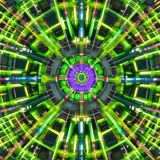 L representation of a colorful, decentralized network of computers, connected to one another, radiating electricity-saving green light