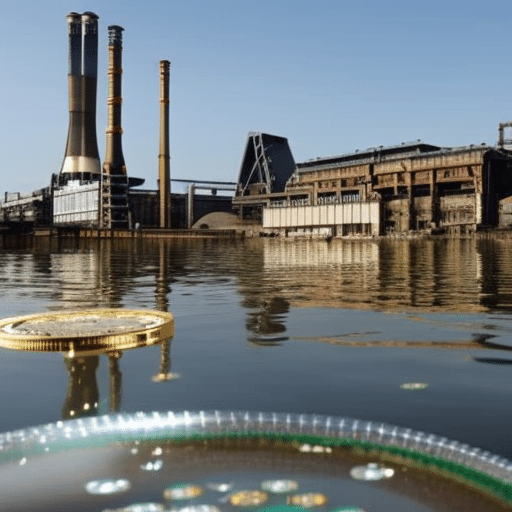 Strated image of a digital currency (cryptocurrency) coin half-submerged in a polluted river with a factory in the background