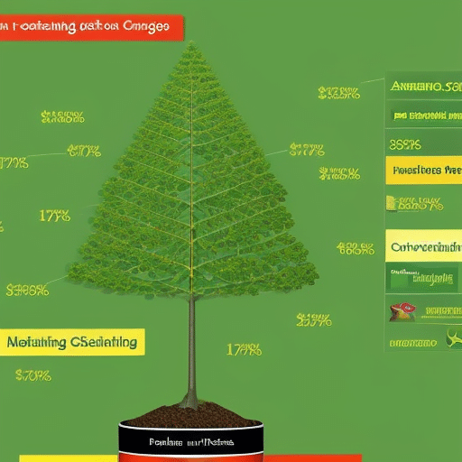 depicting an evergreen tree with its leaves transitioning from green to yellow to red based on the environmental sustainability ratings of various cryptocurrencies