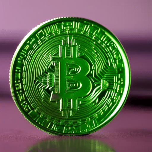 T green crypto coin in an open hand, with a set of scales and a globe in the background