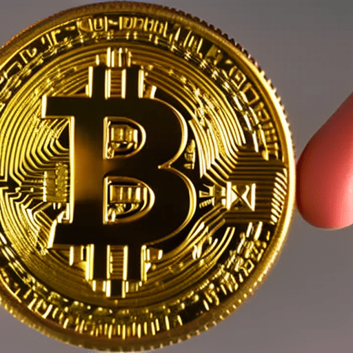 Holds a gold coin and a Bitcoin, comparing them side by side to consider their potential as assets