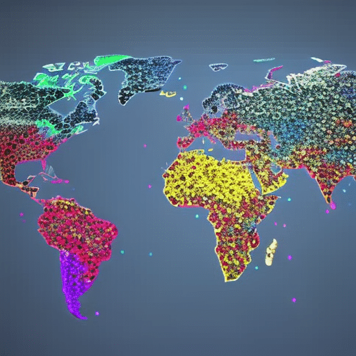 Ful world map with Bitcoin nodes popping up like fireworks, radiating outward to all corners of the globe