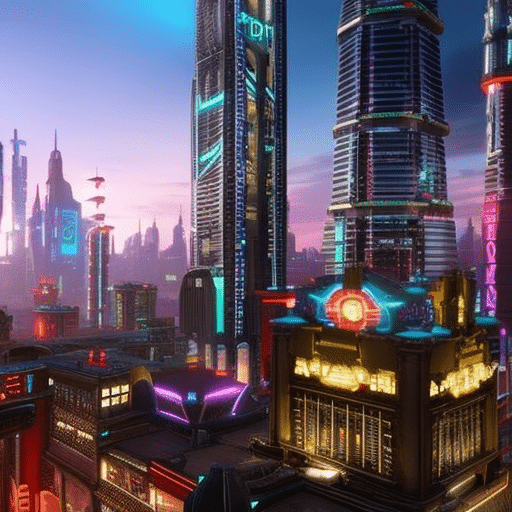 An image showcasing a vibrant virtual marketplace on the Bitcoin network, brimming with a wide array of gaming assets like weapons, armor, and character skins, displayed amidst a backdrop of futuristic neon-lit cityscape