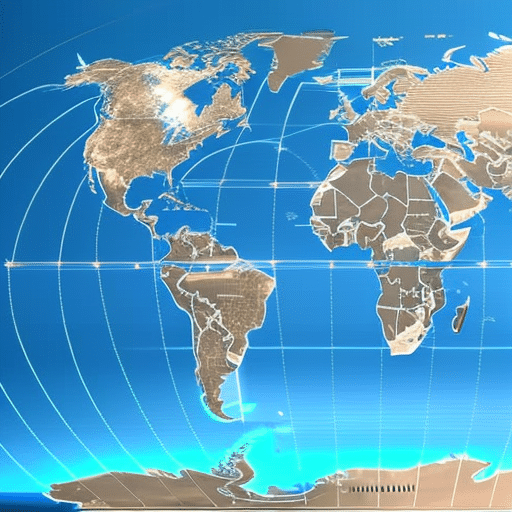 map with glowing, interconnected lines highlighting the global reach of Bitcoin usage