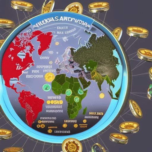 Graphic showing a world map with glowing crypto coins scattered across the continents, highlighting the current global crypto rush
