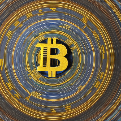 Ract representation of a global map with a golden Bitcoin in the center, radiating out colorful lines of financial security