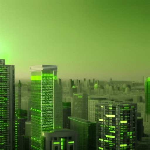 Nt green cityscape, illuminated by a network of interconnected blockchain nodes, with a towering skyscraper in the center