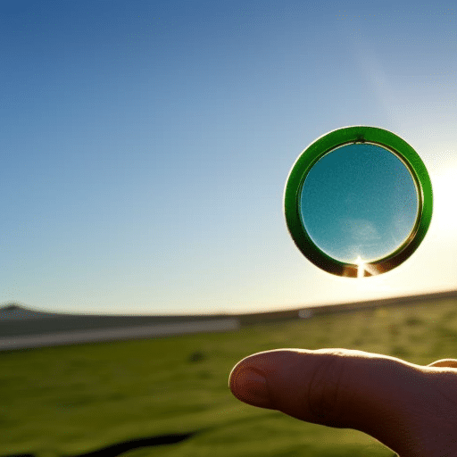 -up of a hand delicately holding a green energy chip, with a small solar panel reflecting the sun in the background