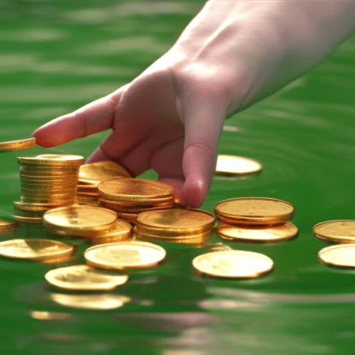 -up of a hand dropping a stack of shiny gold coins into a pool of shimmering green water