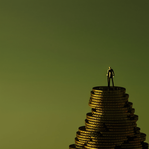 Uette of an investor in a green cape standing atop a mountain of golden blockchain coins, looking into a green horizon