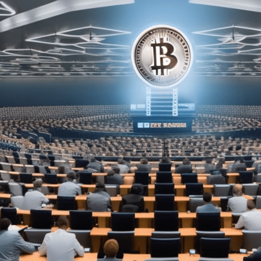 An image capturing the intense atmosphere of a crowded conference room, with individuals in heated conversations, surrounded by screens displaying fluctuating Bitcoin prices, while a large clock ominously ticks in the background
