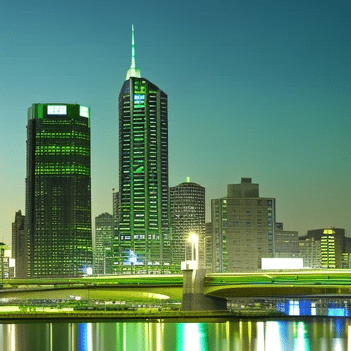 Rate a modern city skyline with a glowing blue and green coin in the center