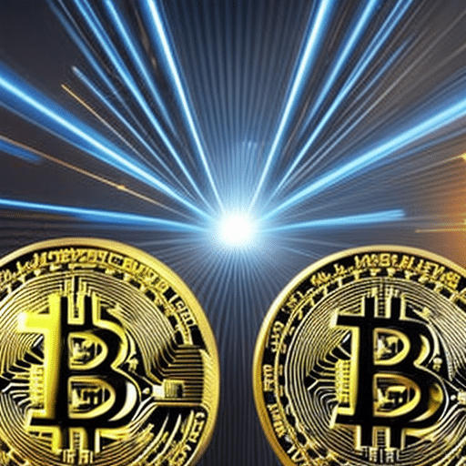 An image showing a golden Bitcoin being sliced into halves by a futuristic laser, revealing a diminishing supply of coins pouring out, symbolizing the significant reduction in mining rewards after the Bitcoin Halving event
