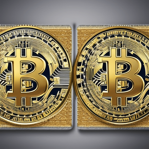 An image showcasing a majestic Bitcoin, split in half, with one side representing the past and the other side representing the future