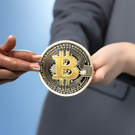 A hand holding a Bitcoin with the other hand stretching out, creating a network of lightning-fast connections