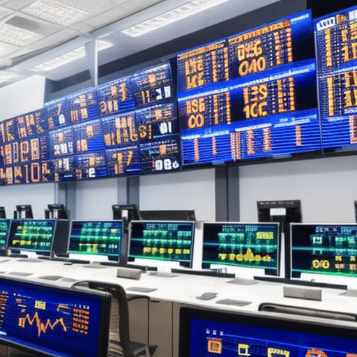 An image showcasing a bustling trading floor filled with suited professionals, focused on multiple computer screens displaying real-time Bitcoin price charts
