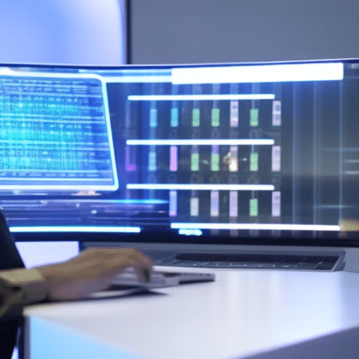 N in a futuristic office space, typing code intently into a laptop, with a holographic blockchain diagram above them