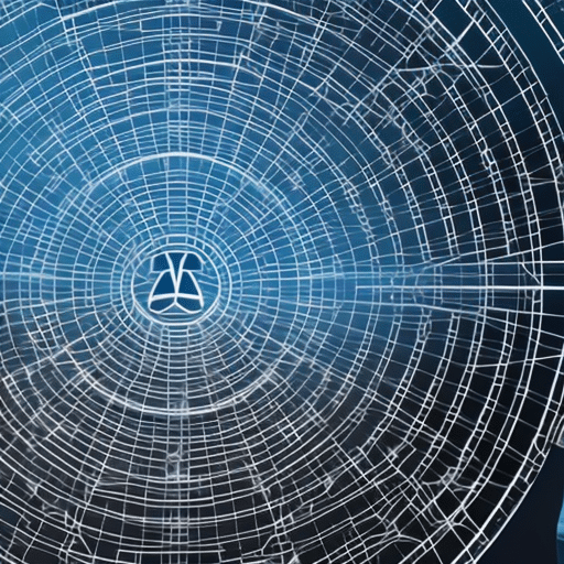 Stration of a person surrounded by a complex web of interconnected lines representing financial regulations, with a cryptocurrency symbol in the center