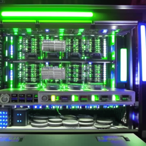 -up of a digital mining rig with illuminated blue and green LED lights, coins and bills scattered across the surface