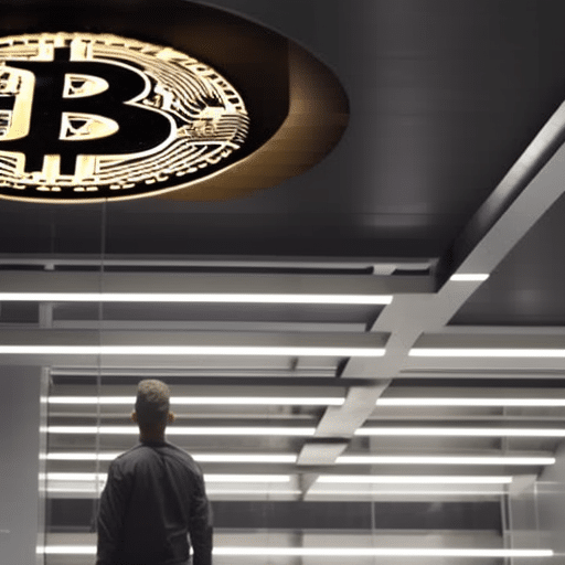 in a modern data center, looking up at a 3D rendering of a giant bitcoin symbol hovering above