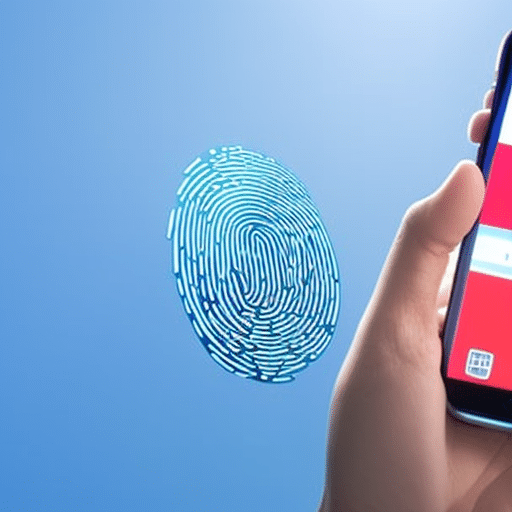 -up of a person's hand, holding a smartphone with a highlighted fingerprint scanner, against a blue background with a padlock icon