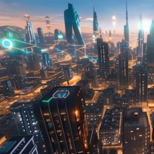 An image of a vibrant virtual world, with a futuristic cityscape in the background